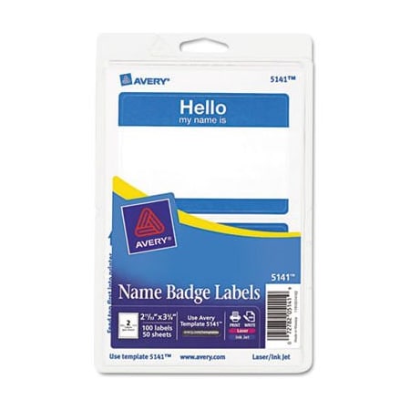 Avery Avery "Hello, my name is" Name Badge Labels, 2-11/32" x 3-3/8", Blue, 100 Labels/Pack 5141